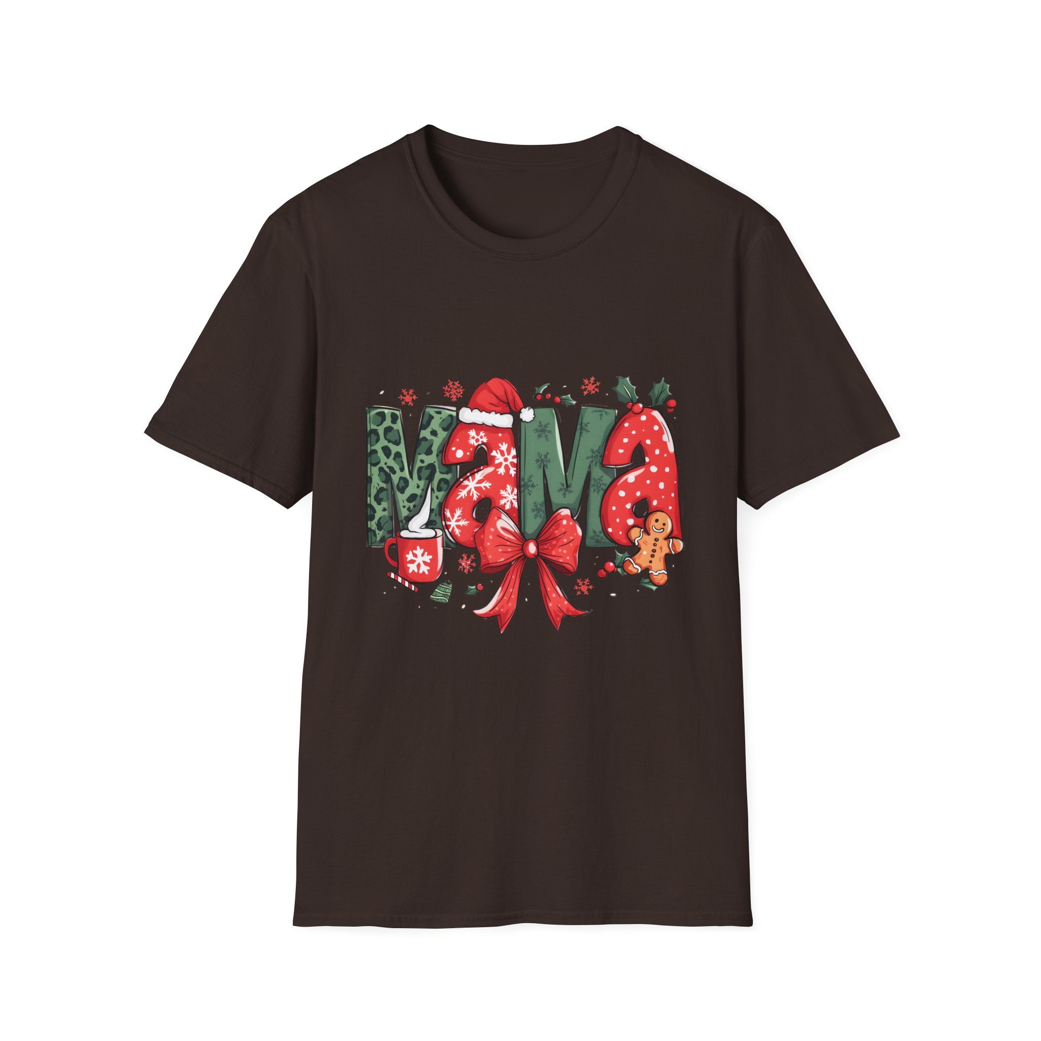 Christmas Mama T-Shirt — Festive 'Mama' Holiday Tee with Santa Hat, Gingerbread & Bow